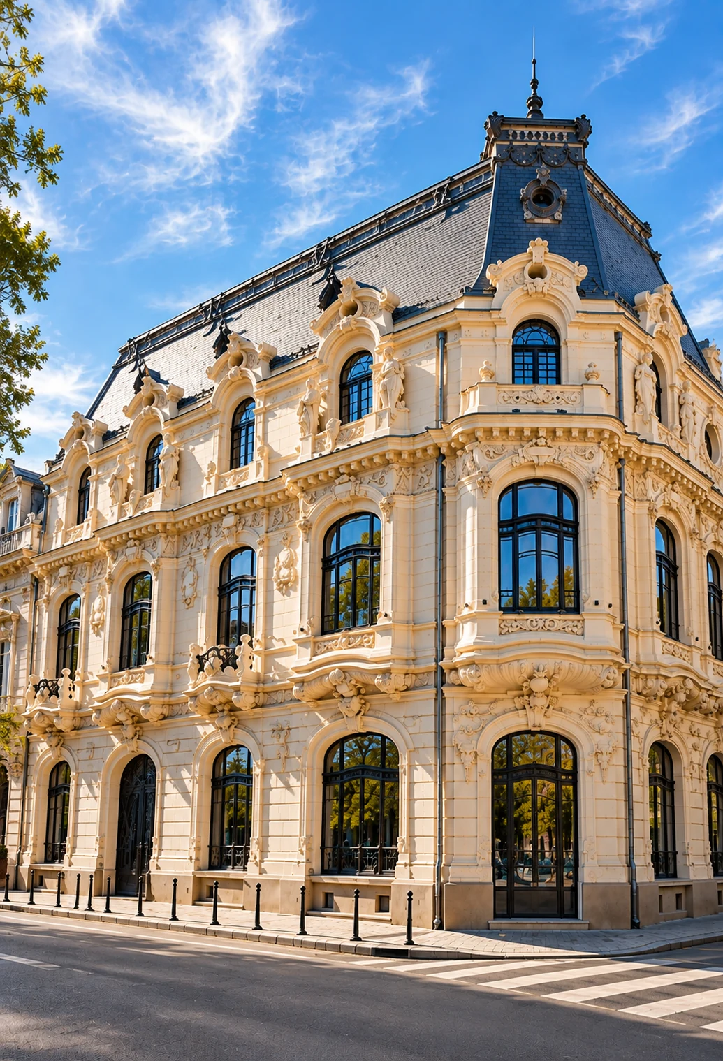 Clădire de patrimoniu cu ferestre arcuite și tâmplărie închisă la culoare